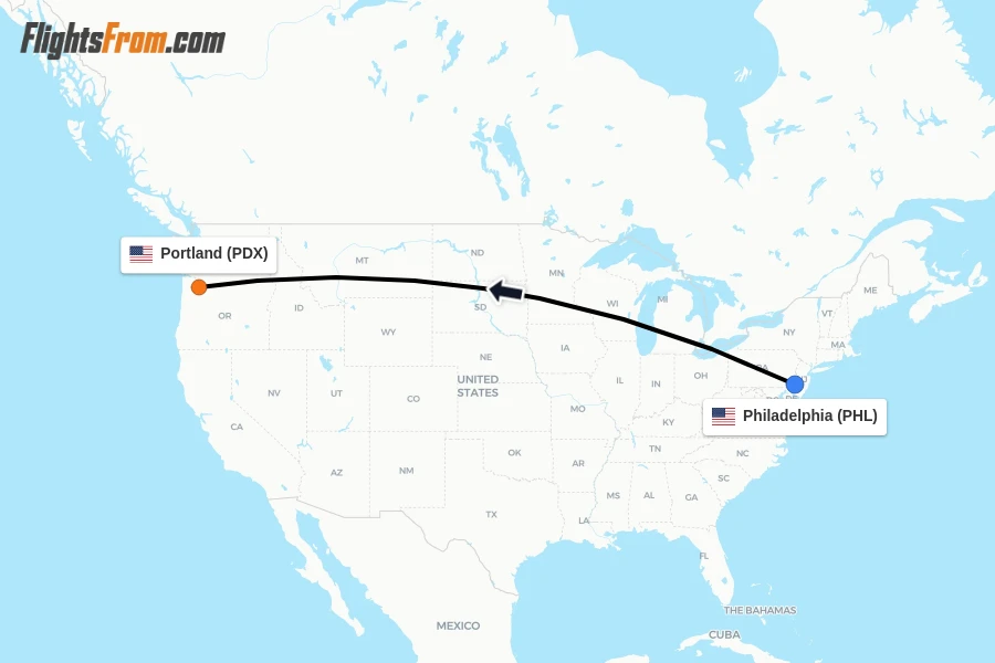 Flights from Philadelphia to Portland route map