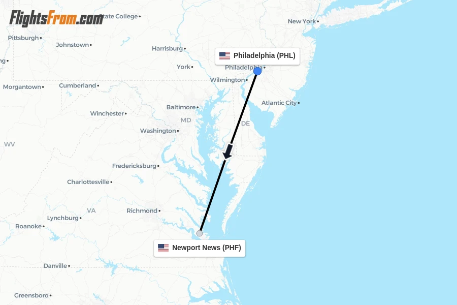 Flights from Philadelphia to Newport News route map