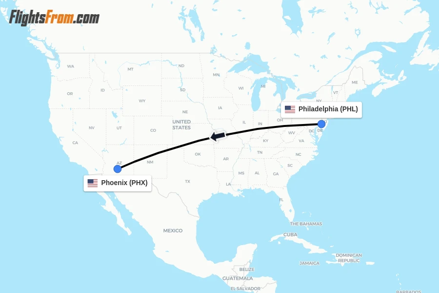 Flights from Philadelphia to Phoenix route map