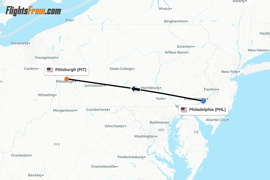 Flights from Philadelphia to Pittsburgh route map