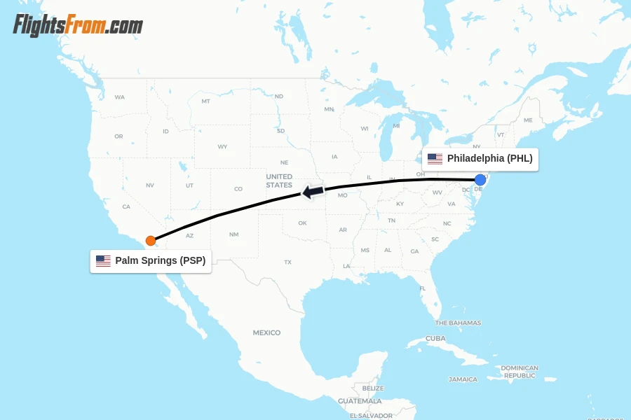 Flights from Philadelphia to Palm Springs route map