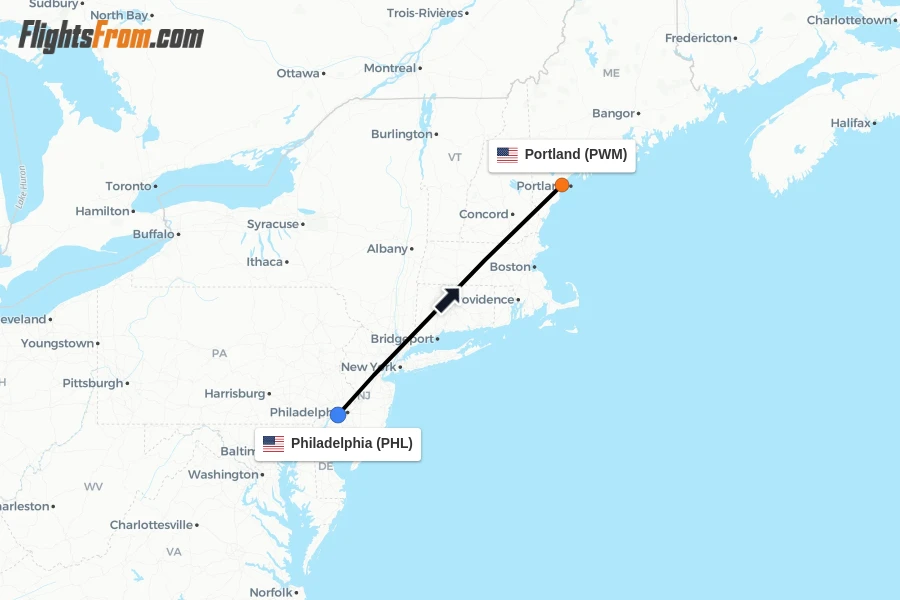 Flights from Philadelphia to Portland route map