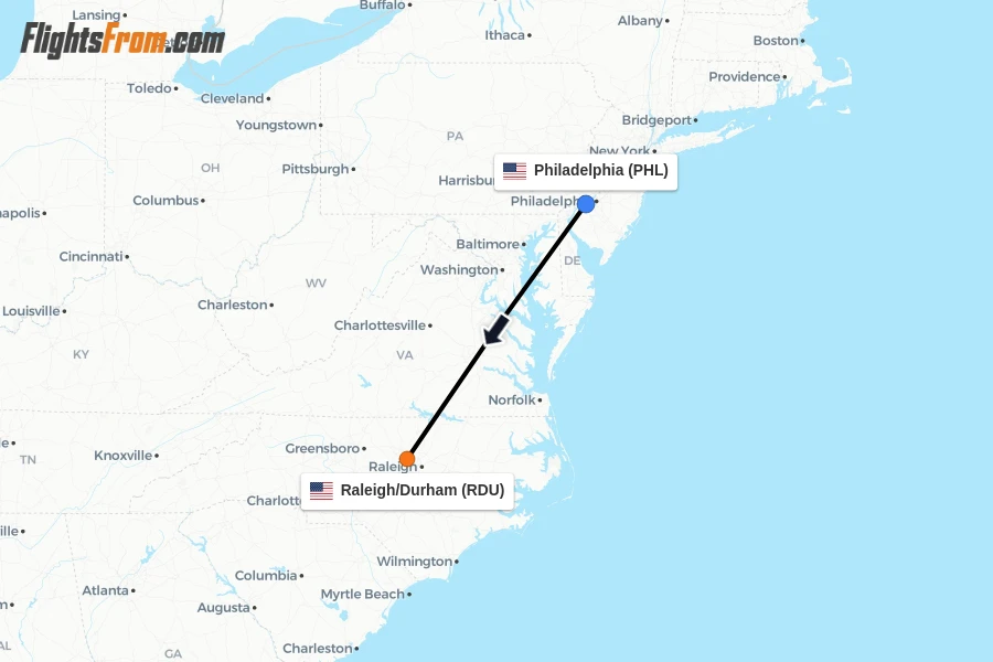Flights from Philadelphia to Raleigh/Durham route map