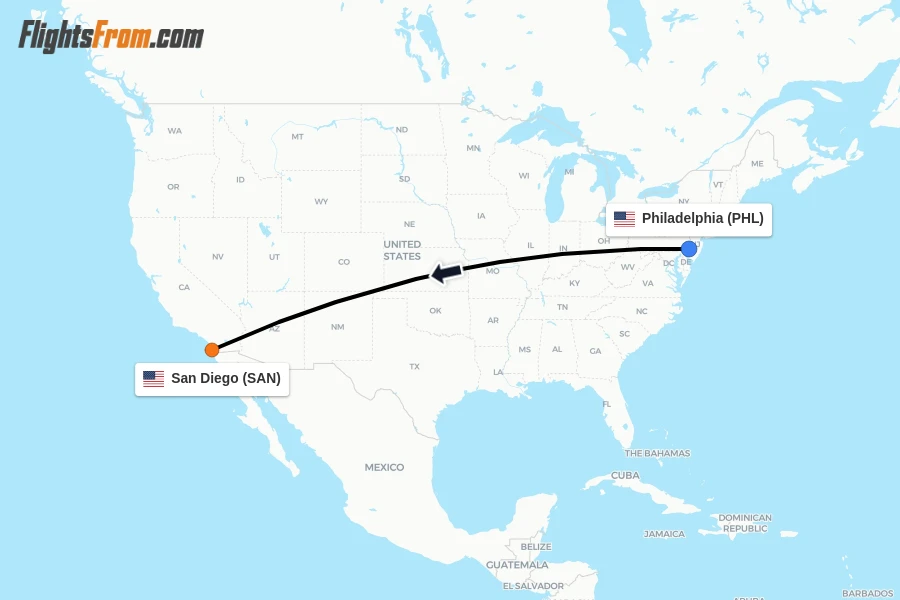 Flights from Philadelphia to San Diego route map