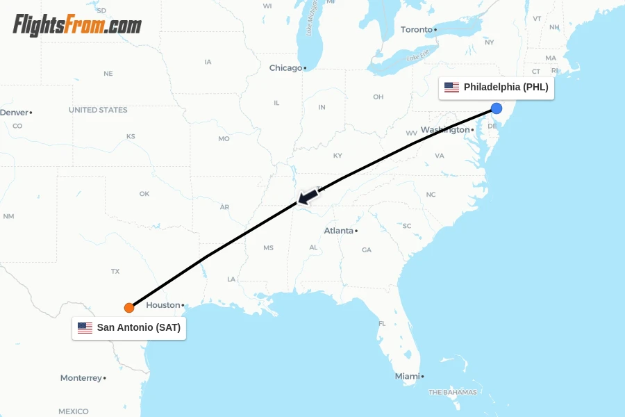 Flights from Philadelphia to San Antonio route map