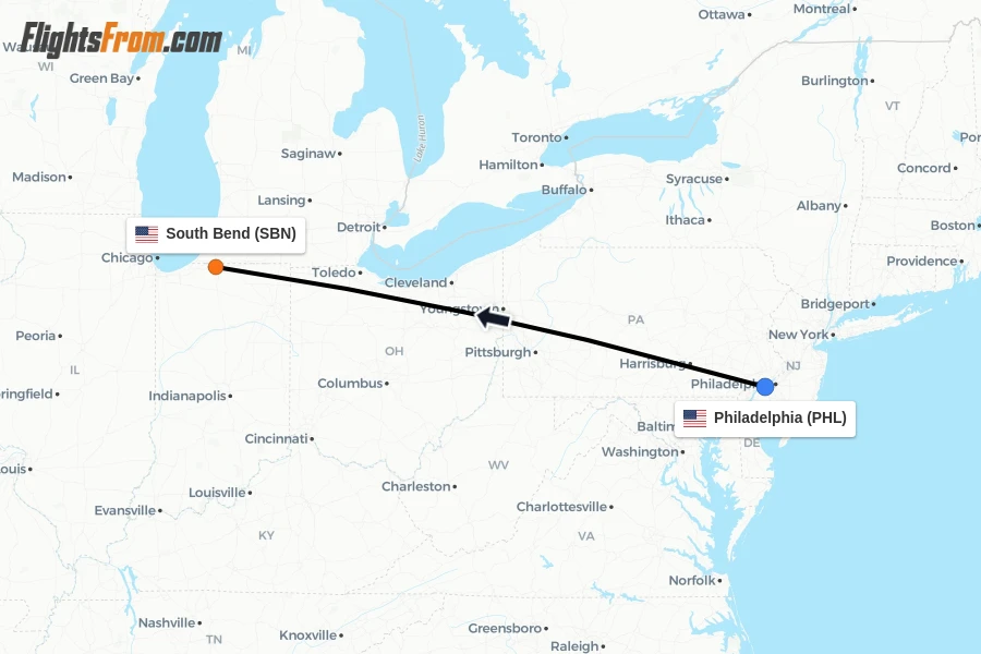 Flights from Philadelphia to South Bend route map