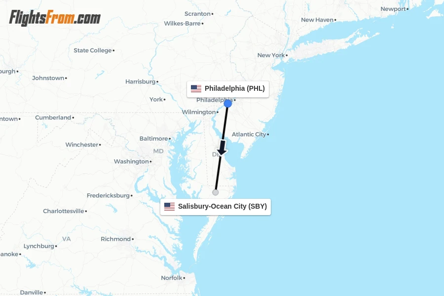 Flights from Philadelphia to Salisbury-Ocean City route map