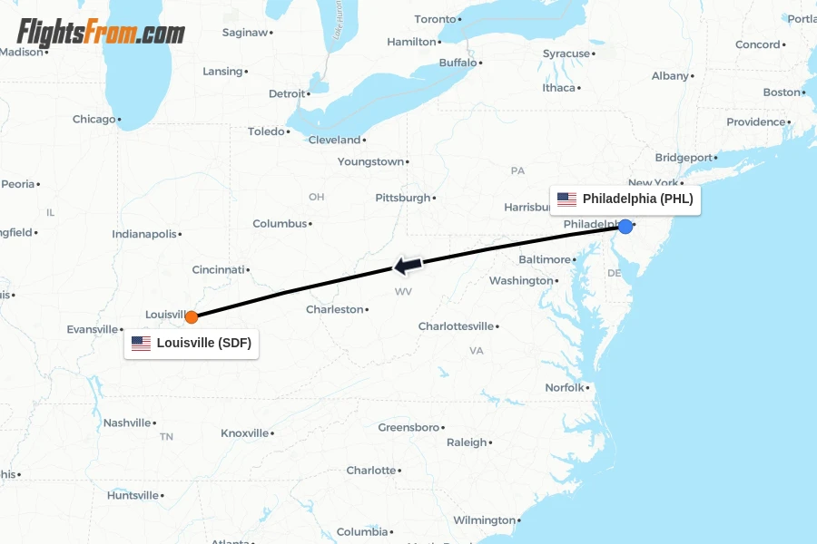 Flights from Philadelphia to Louisville route map