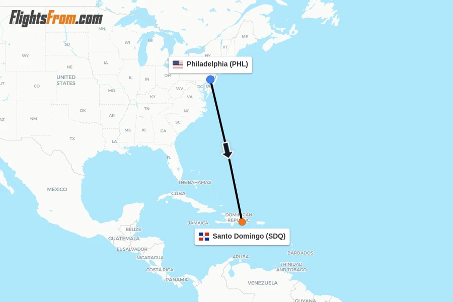 Flights from Philadelphia to Santo Domingo route map