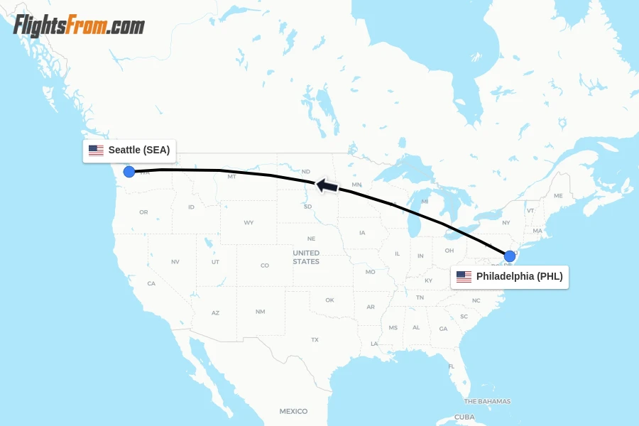 Flights from Philadelphia to Seattle route map