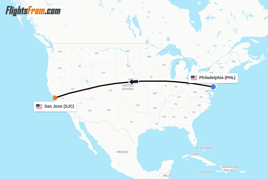Flights from Philadelphia to San Jose route map