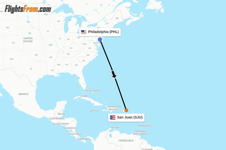 Flights from Philadelphia to San Juan route map