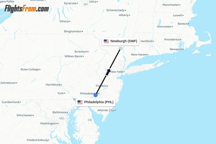 Flights from Philadelphia to Newburgh route map