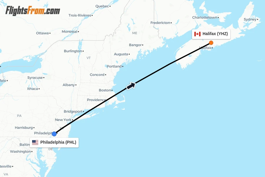 Flights from Philadelphia to Halifax route map