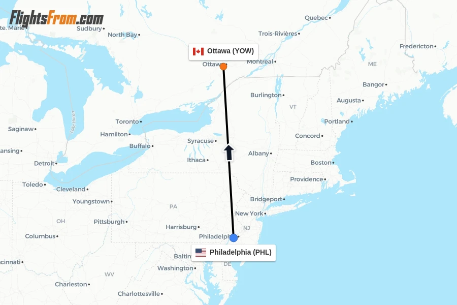 Flights from Philadelphia to Ottawa route map