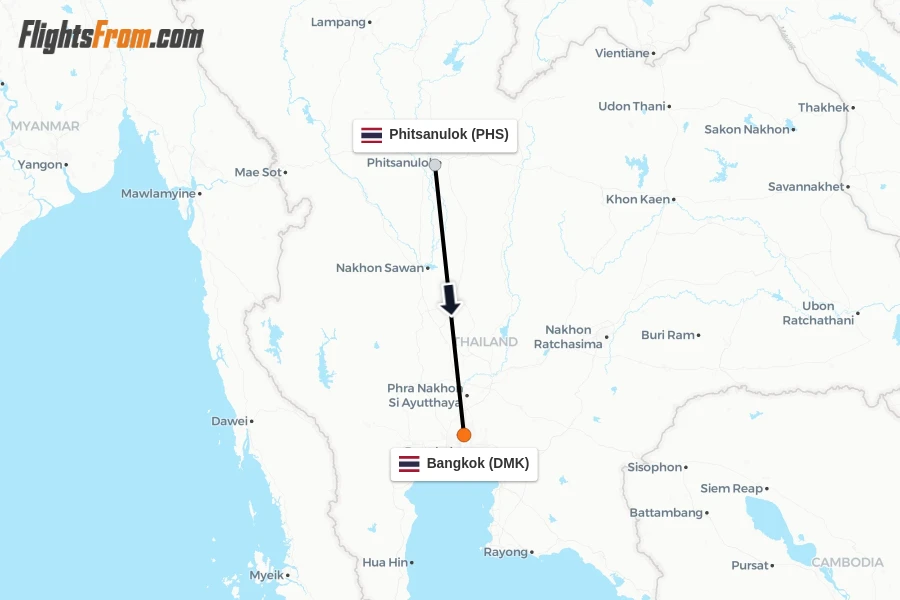 Flights from Phitsanulok to Bangkok route map