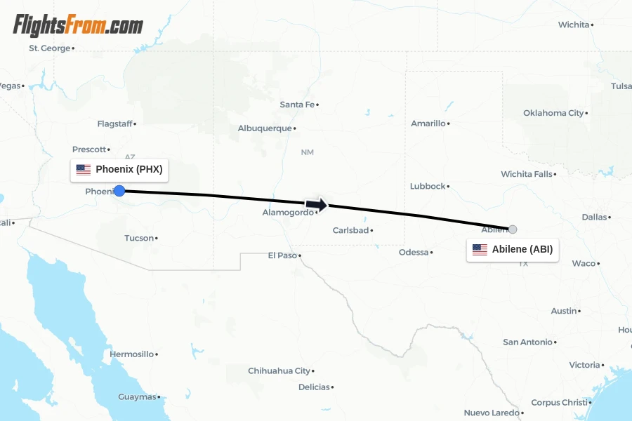Flights from Phoenix to Abilene route map