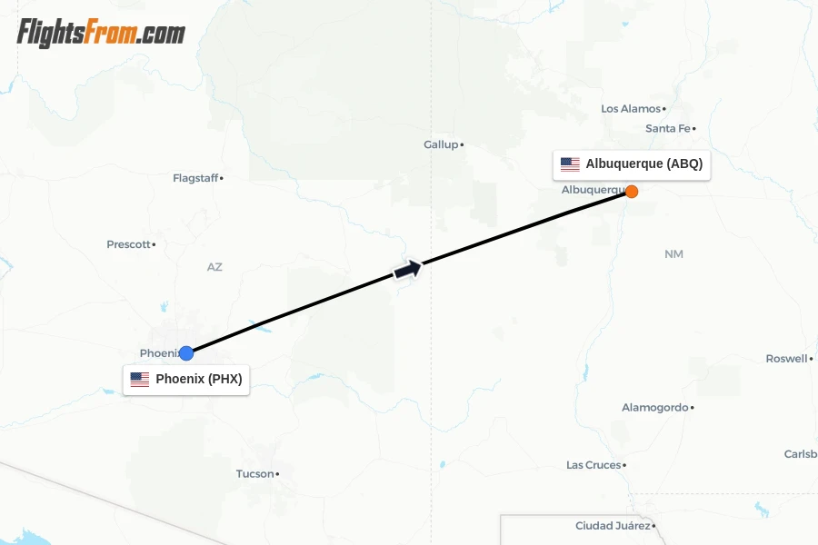 Flights from Phoenix to Albuquerque route map