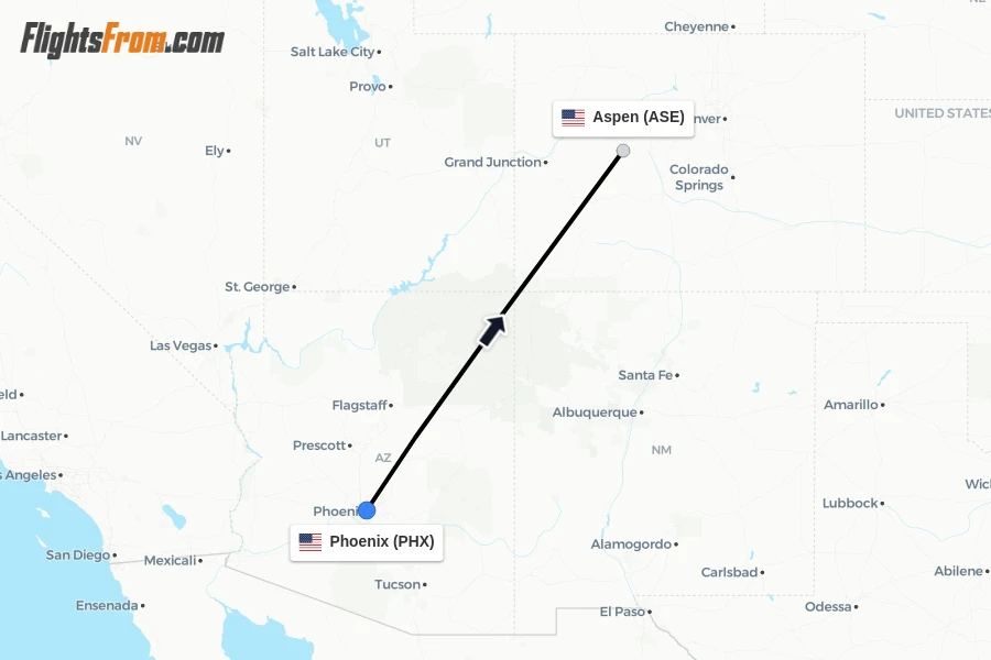 Flights from Phoenix to Aspen route map