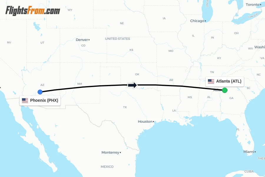 Flights from Phoenix to Atlanta route map