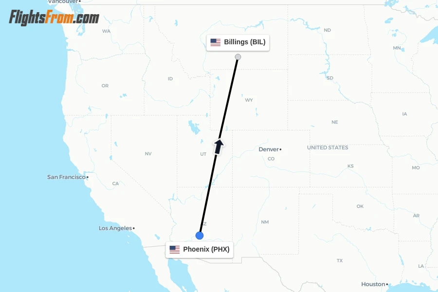 Flights from Phoenix to Billings route map