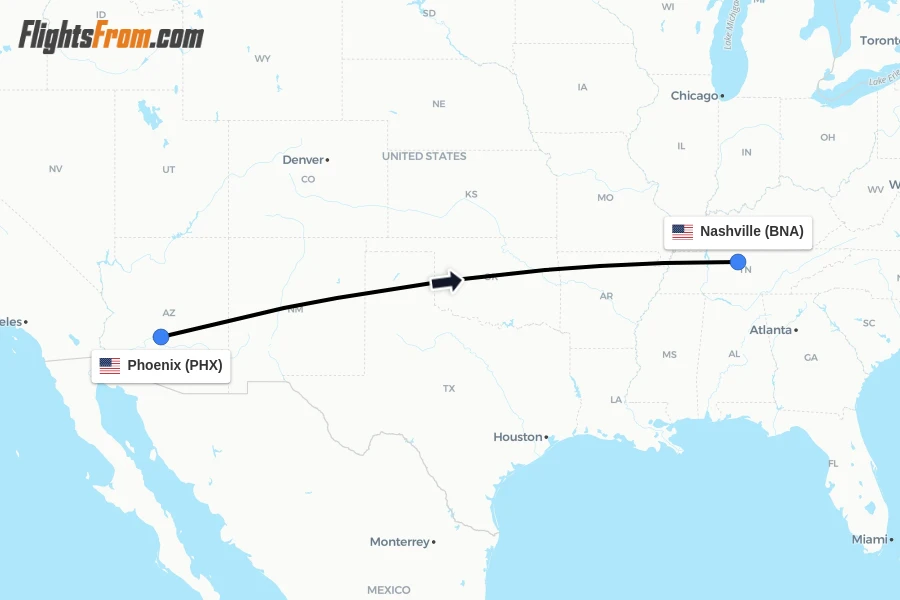 Flights from Phoenix to Nashville route map