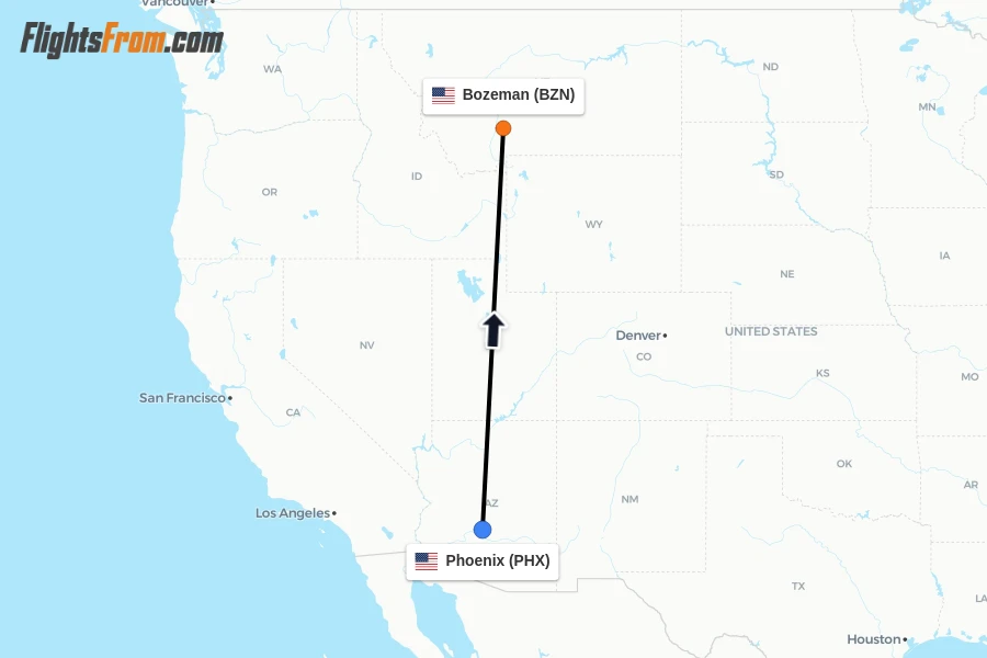 Flights from Phoenix to Bozeman route map