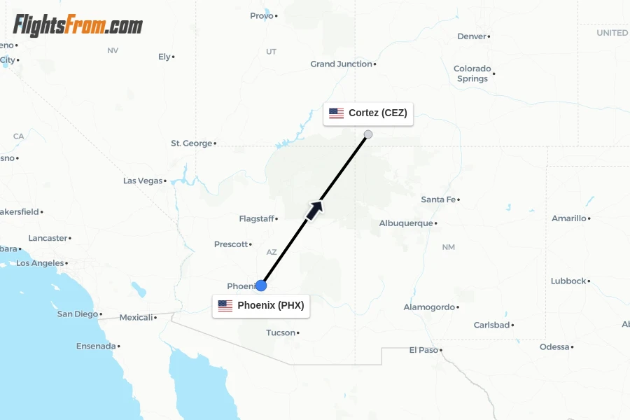 Flights from Phoenix to Cortez route map