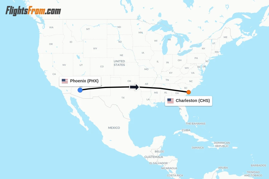 Flights from Phoenix to Charleston route map
