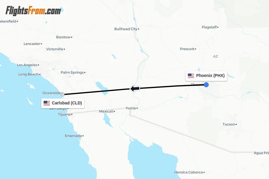 Flights from Phoenix to Carlsbad route map