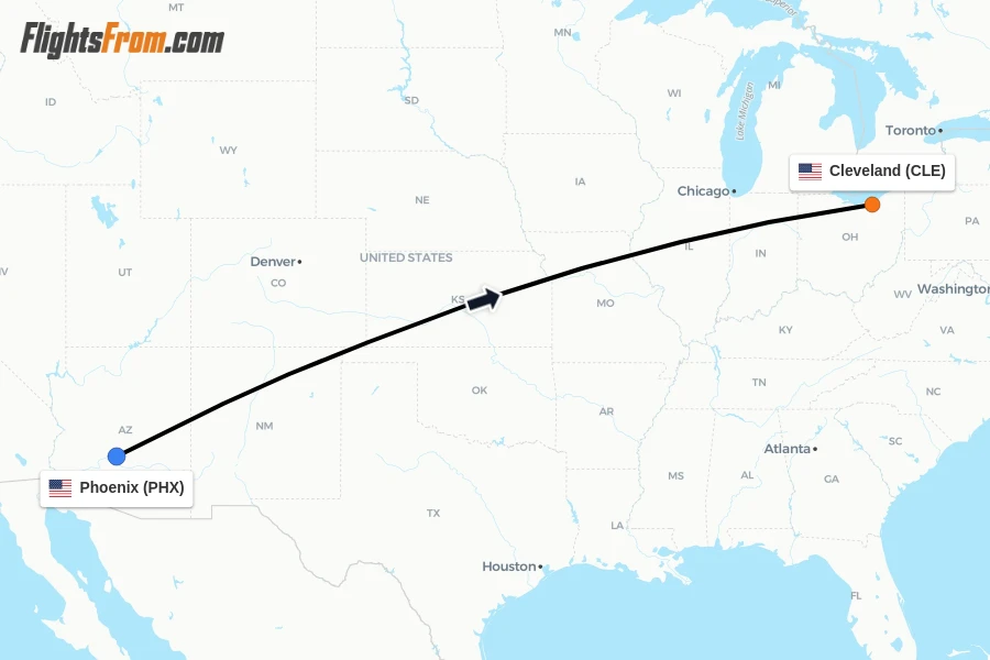 Flights from Phoenix to Cleveland route map
