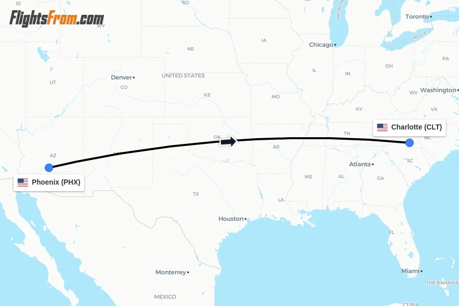 Flights from Phoenix to Charlotte route map