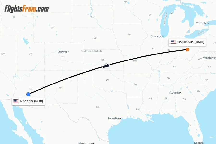 Flights from Phoenix to Columbus route map