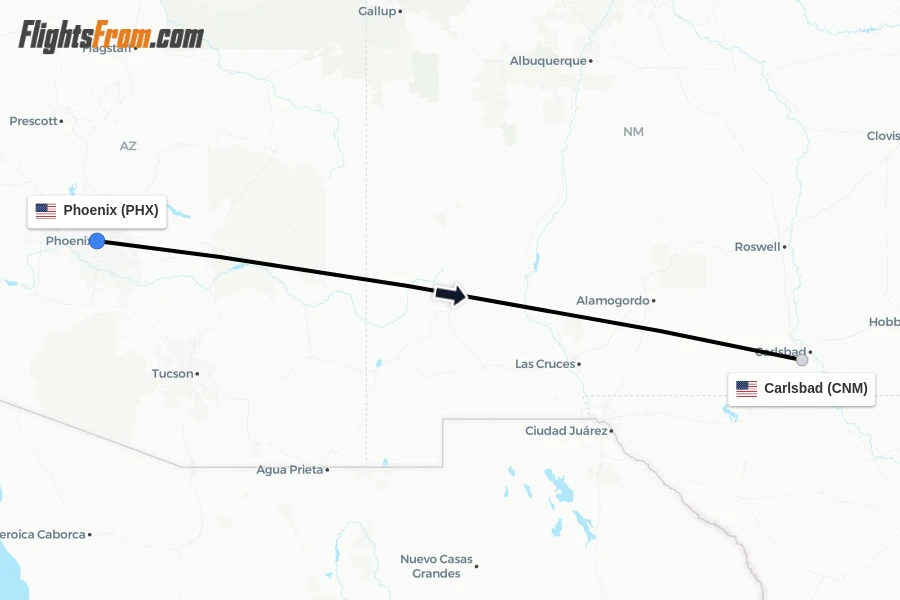 Flights from Phoenix to Carlsbad route map