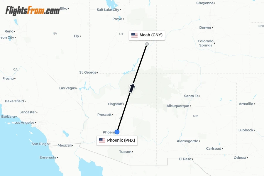 Flights from Phoenix to Moab route map
