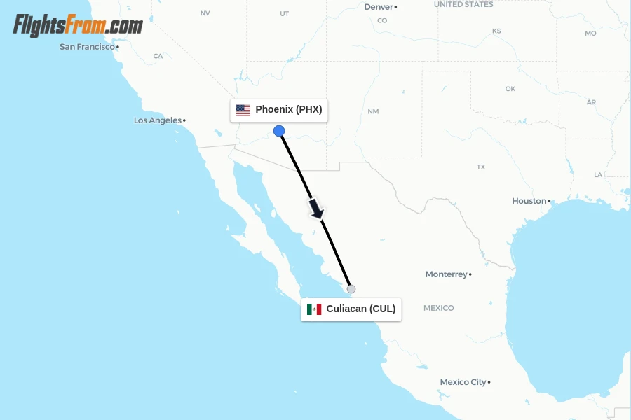 Flights from Phoenix to Culiacan route map