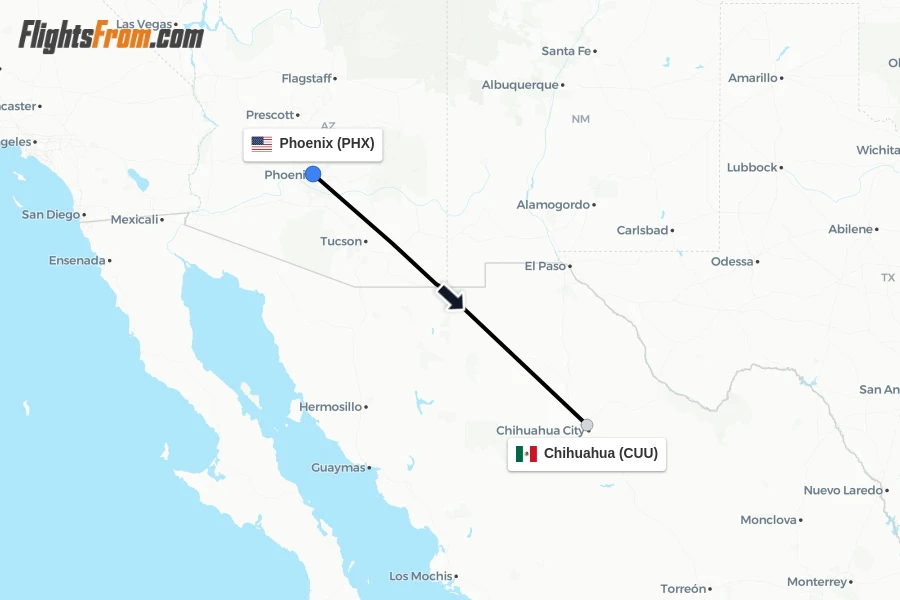 Flights from Phoenix to Chihuahua route map