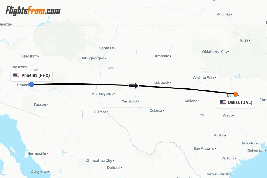 Flights from Phoenix to Dallas route map