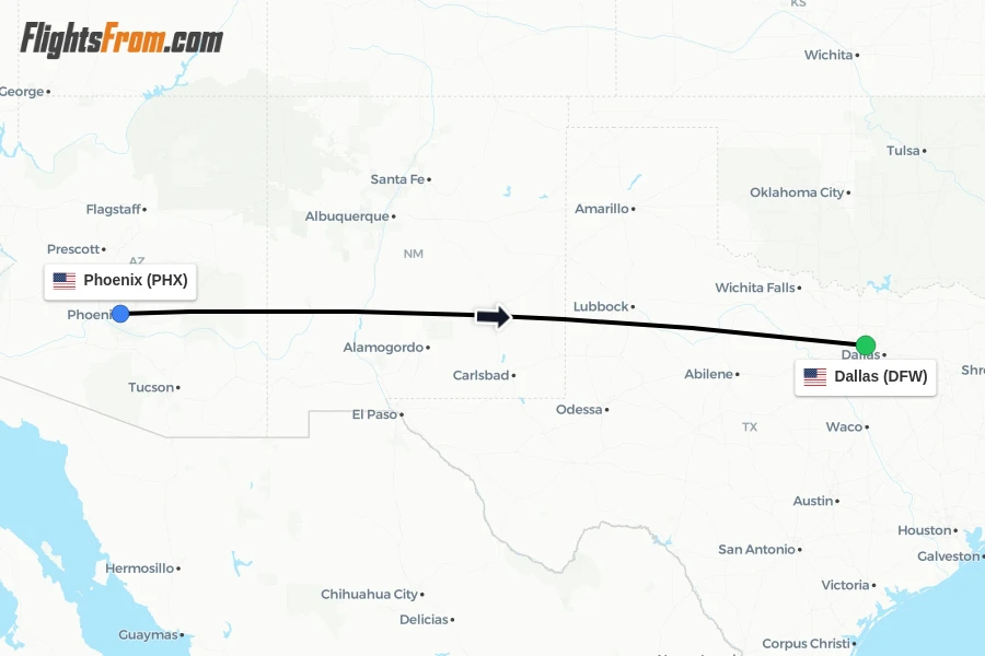 Flights from Phoenix to Dallas route map
