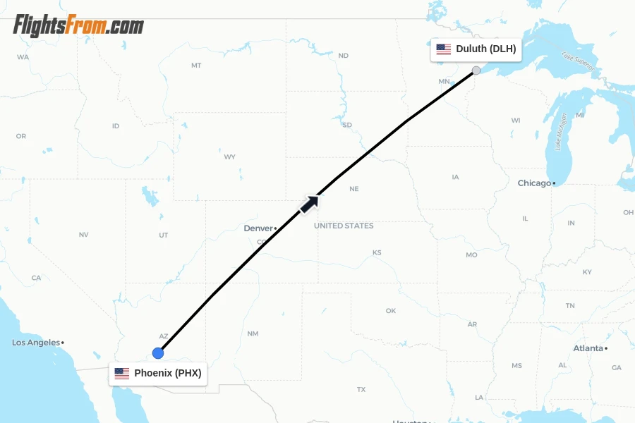 Flights from Phoenix to Duluth route map