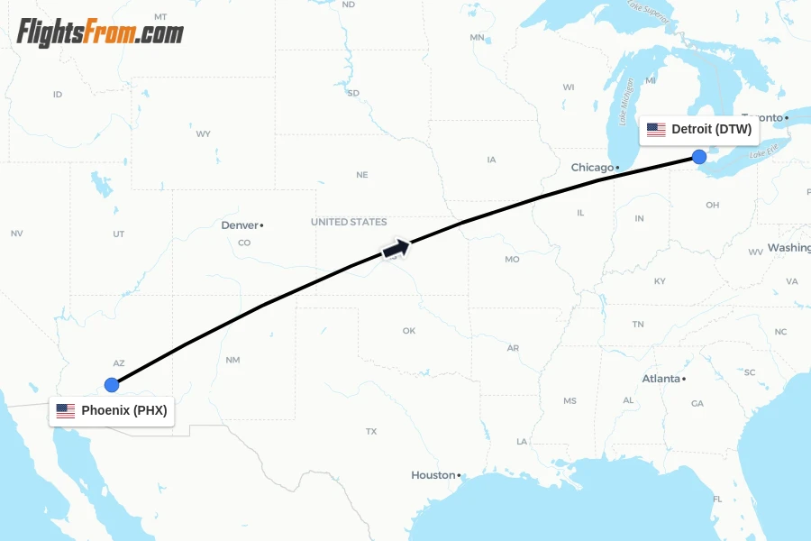 Flights from Phoenix to Detroit route map