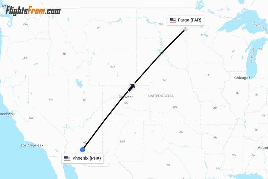 Flights from Phoenix to Fargo route map