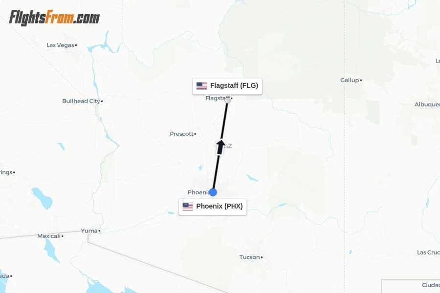 Flights from Phoenix to Flagstaff route map