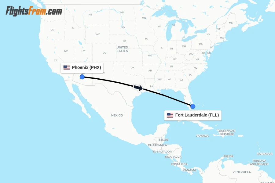 Flights from Phoenix to Fort Lauderdale route map