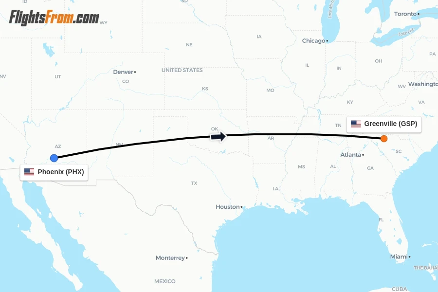 Flights from Phoenix to Greenville route map