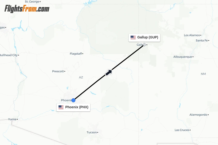 Flights from Phoenix to Gallup route map