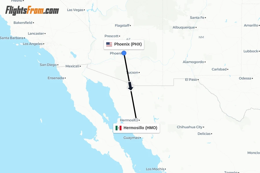 Flights from Phoenix to Hermosillo route map