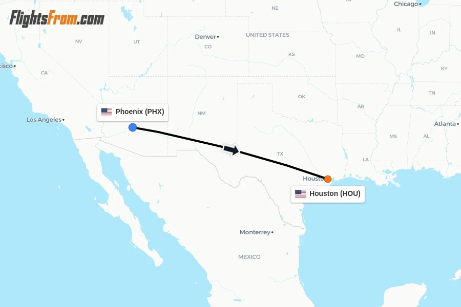 Flights from Phoenix to Houston route map