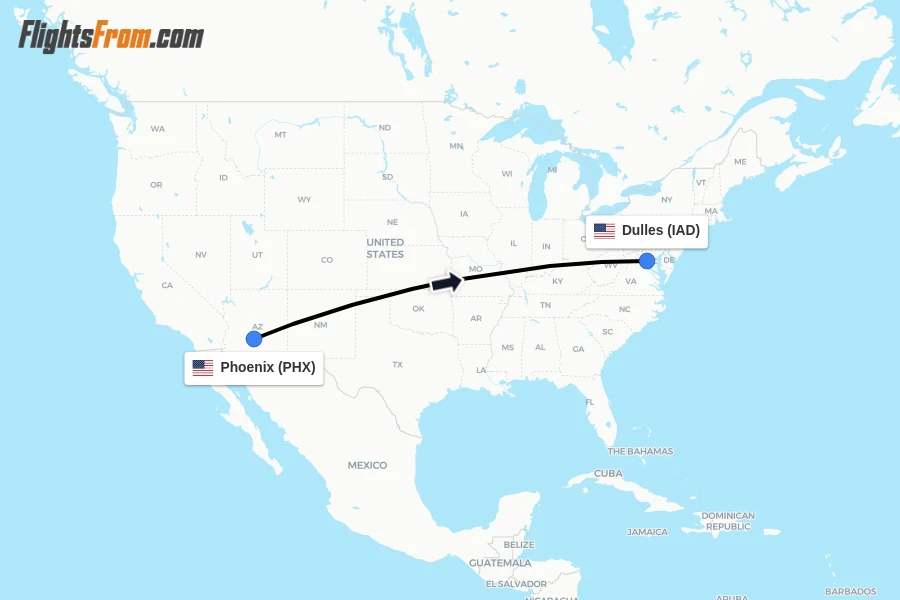 Flights from Phoenix to Dulles route map