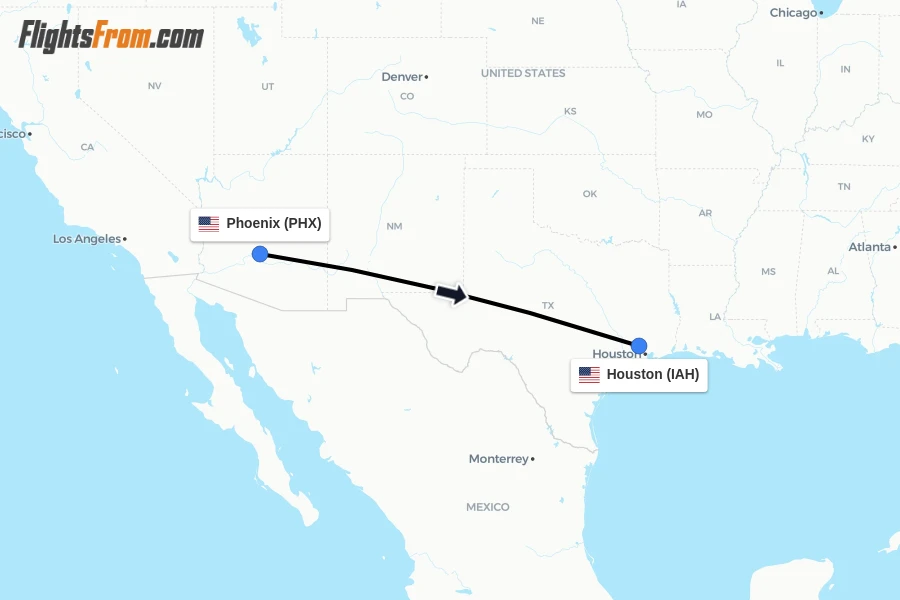 Flights from Phoenix to Houston route map
